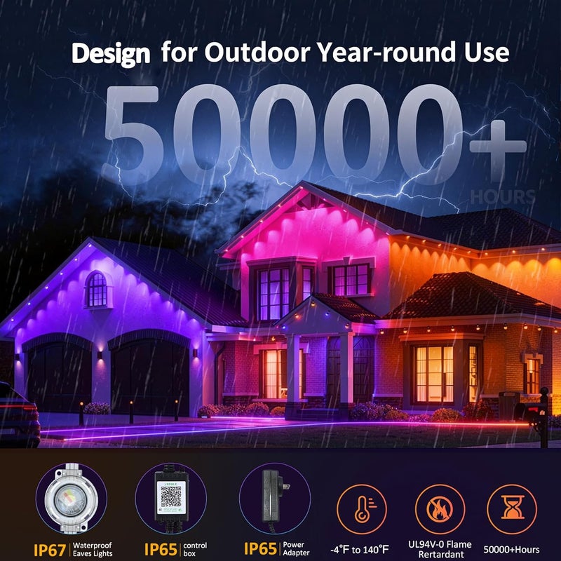 DIERLIGHT 50FT RGB Permanent Outdoor Lights, LED String Lights with APP & Remote Control, IP67 Waterproof Multicolor Eaves Lights for Christmas Halloween Party, Garden, House Decor Rope Lights - Image 3